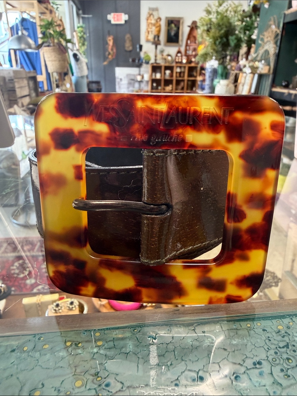 Yves Saint Laurent Tortoiseshell-Pattern Square Buckle in Brown and Amber
